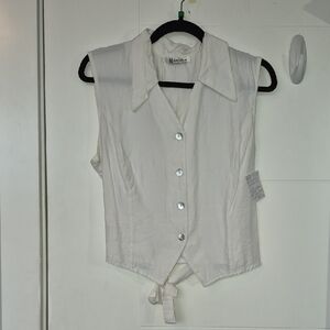 M.STUDIO White Sleeveless Button-Front Tie Waist Shirt